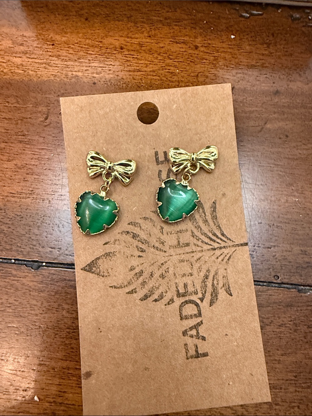 Green tigers eye Heart Bow Drop Earrings - Gold Tone